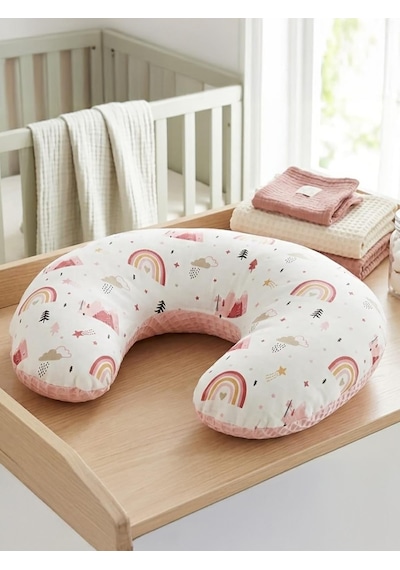 Yuar Baby Pike & Müslin Desenli Emzirme Minderi-rainbow - Pembe