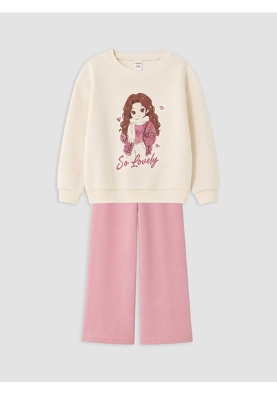 LC Waikiki Lcw Kids Ekru Baskılı Kız Çocuk Kalın Sweatshirt Cream
