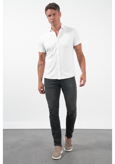 İmza Beyaz İtalyan Yaka Kısa Kol Cepsiz Slim Fit Pamuklu Gömlek 1004260158