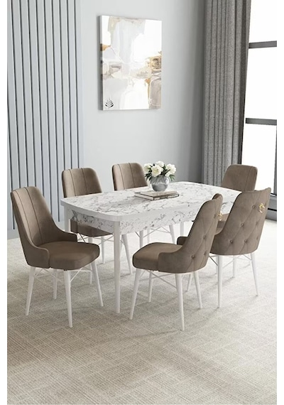Zümra Serisi, Beyaz Mermer Desen 80x132 Açılabilir Mdf Mutfak Masası Takımı 6 Adet Sandalye Cappucino Zümra Serisi, Beyaz Mermer Desen 80x132 Açılabilir Mdf Mutfak Masası Takımı 6 Adet Sandalye Cappucino