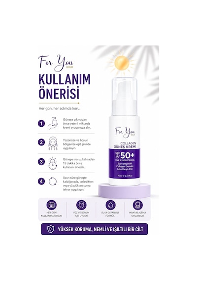 Collagen Destekli, Leke Karşıtı, Yüksek Koruma Ton Eşitleyici Spf+50 Yüz Ve Vücut Güneş Kremi 75 Ml