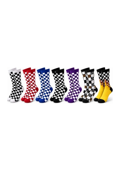 COJans Unisex Çorap Dama Desenli Renkli 7'li Set Kareli Alev Desen Uzun Soket Günlük Spor Çorabı Çok Renkli