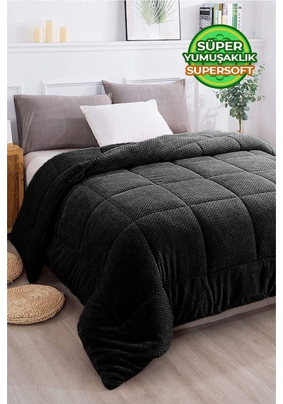 Ultra Yumuşak Tek Kişilik Çift Taraflı Wellsoft Peluş Yorgan Yıkanabilir 160x220 Siyah Siyah