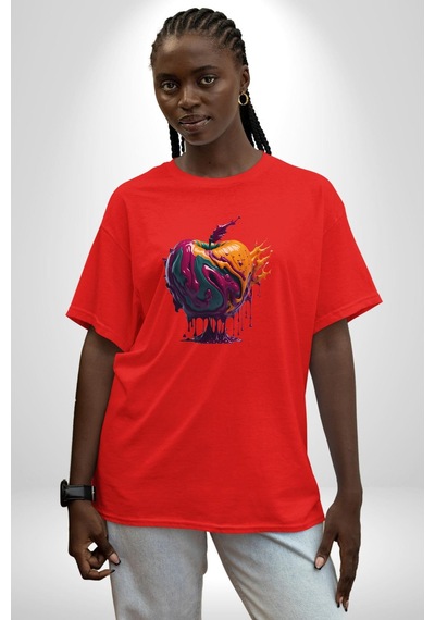 Yağlı Boya Elma Pamuklu Bisiklet Yaka Unisex Oversize Boyfriend Dijital Baskılı Kırmızı T-shirt Kırmızı