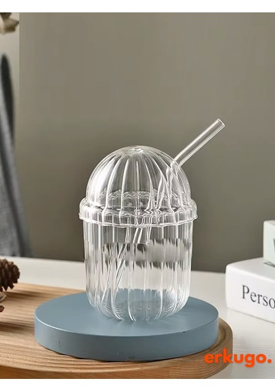 Cam Kapaklı Pipetli Borosilikat Sunum Bardağı, Isıya Dayanıklı Bardak, Kahve Bardağı 450 Ml Mocha