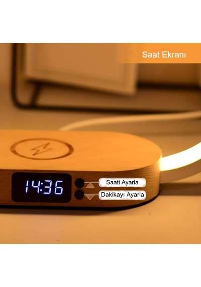 Kablosuz Şarj Paneli Led Işık Ahşap Fonksiyonlu Masa Lambası Şarj