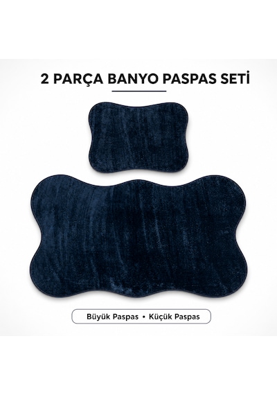 2 Li Banyo Paspası Halısı Seti Kaymaz Tabanlı Yıkanabilir Klozet Takımı Lacivert