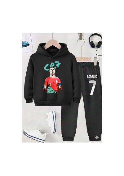 Stil X Ronaldo Baskılı Erkek Çocuk Eşofman Takımı, 3 İplik Şardonlu Kumaş Siyah-2