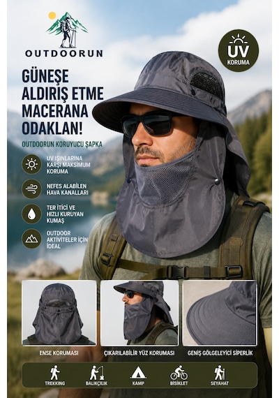 Outdoorun Koruyucu Gri Şapka Uv Güneş Koruyucu, Çıkarılabilir Yüz Ve Ense Koruması Açık Gri