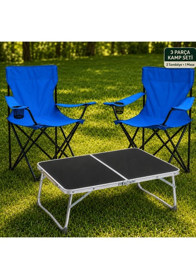2 Sandalyeli Katlanır Kamp Seti 60x40 Cm Masa Ve Sandalye Mavi