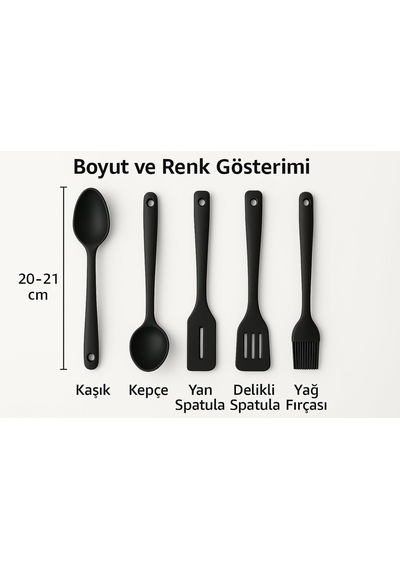 5'li Silikon Mutfak Seti Kaşık, Kepçe, Spatula, Yağ Fırçası Renkli Pişirme Seti Isıya Dayanıklı Mut Diğer