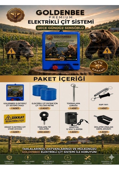 Goldenbee Start Kit Elektrikli Çit Sistemi Domuz Ve Ayı Kovucu 1000mt Adaptörlü Model Set-102