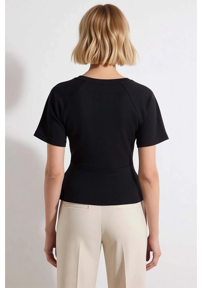 Benerly Kadın Bluz Peplum Kalıp Bisiklet Yaka Reglan Kol Kısa İnterlok Ör siyah