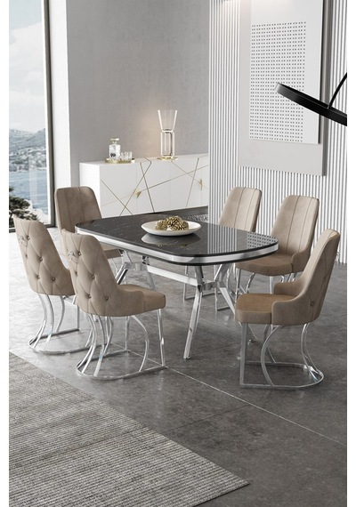Canisa Epal Serisi 90x168 Lak Panel Siyah Mermer Desen Krom Ayaklı Masa Takımı Ve 6 Cappucino Sandalye Masa Siyah Mermer Desen Sandalye Cappucino Canisa Epal Serisi 90x168 Lak Panel Siyah Mermer Desen Krom Ayaklı Masa Takımı Ve 6 Cappucino Sandalye Masa Siyah Mermer Desen Sandalye Cappucino