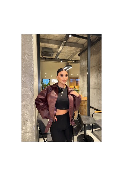 Mekabutik Bordo Kemer Detay Oversize Deri Ceket Bordo Bordo