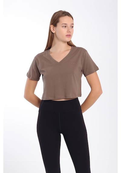 Maraton Sportswear Regular Kadın V Yaka Kısa Kol Basic Kakao Crop Top 21236 Kahverengi