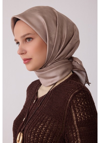 Belli Soyut Desen %100 Twill İpek Eşarp Be28 Vizon