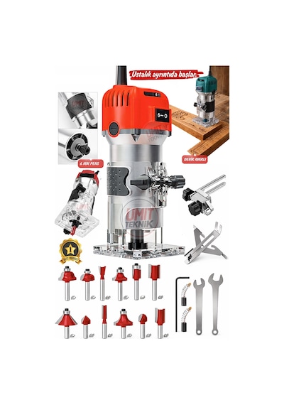 Yeni Nesil Ahşap 6mm Freze Makinesi Pro Seri, 6 Kademe Devir Ayarlı, 12 Uç Dahil Profesyonel Set