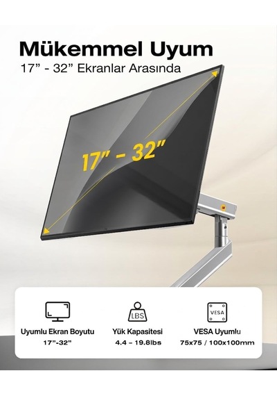 Lexroo North Bayou A5-xs 17''-32'' Tek Kol 2-9 Kg Vesa Uyumlu Monitör Standı Gri