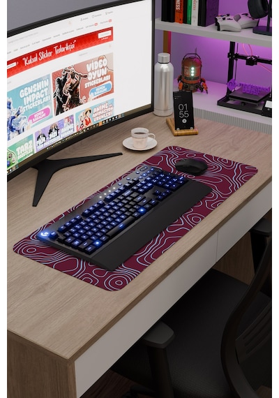 Bordo Mavi 70x30 Xl Taraftar Gaming Oyuncu Mouse Pad Kaymaz Taban Büyük Fare Altlığı Topography