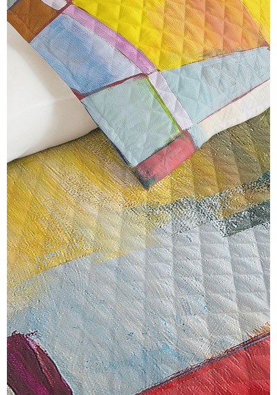 Geometrik Sarı Mavi Genç Odası Tek Kişilik Pike Takımı - Modern Renk Bloklu 160x220 Cm Yatak Örtüsü Kuşluk İz Aurası