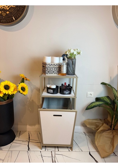 2 Raflı Çamaşır Sepeti Dolabı Metal Gövdeli Banyo Organizeri & Kirli Çamaşır Sepeti Bej