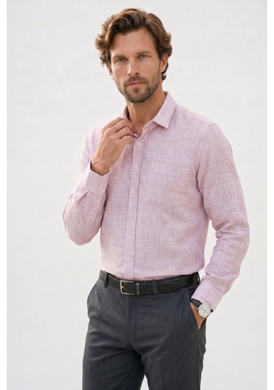 Tudors Erkek Regular Fit Klasik Kesim Oversize %100 Pamuk Keten Doku Bordo Gömlek-42664