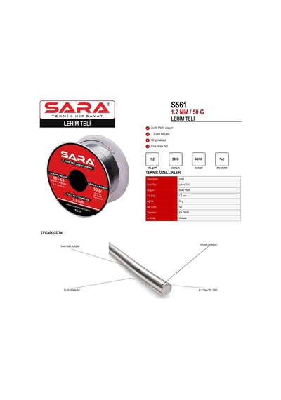 Sara S561 1,2 Mm / 50 G Lehim Teli Sn40 Pb60