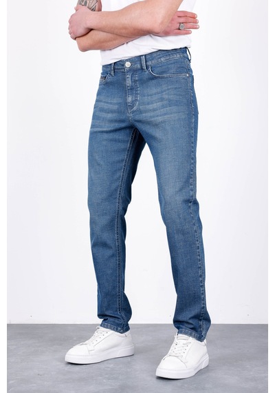 HLT Jeans Erkek Şerit Detaylı Puslu Mavi Regular Fit Boru Paça Esnek Likralı Jeans Kot Pantolon Hlthe001965 Beyaz - Mavi