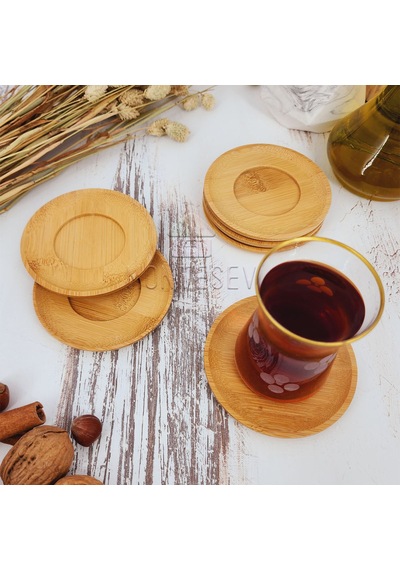 Ahşap Çay Tabağı 6 Lı Set Bardak Fincan Kupa Altlığı Yuvarlak Ahşap