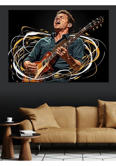 Ahşap Tablo Gitar Çalan Karizmatik Müzisyen Portresi