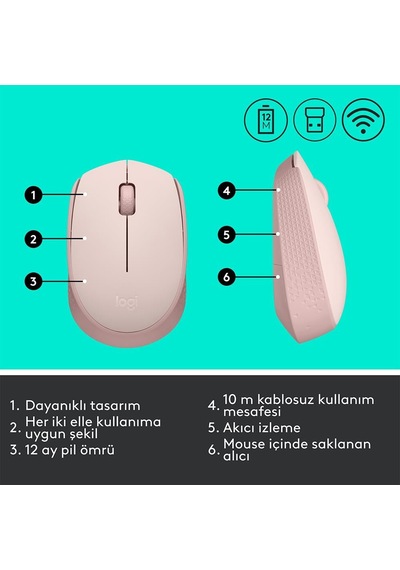 Logıtech 910-006865, M171 Rose, Usb Nano 2,4g Kablosuz, 1000dpi, Optik, 3 Tuşlu, 12ay Pil Ömrü, Mouse Sc-400
