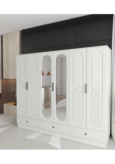 Derin 6 Kapaklı Çekmeceli Bazalı Gardırop - Tamamı Mdf Beyaz