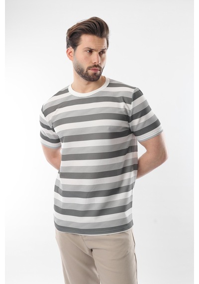 Madmext Haki Bisiklet Yaka Çizgili Erkek T-shirt E7118 Haki