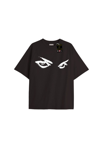 Flood Of Style Siyah Oversize T-shirt Sert Bakış Göz Özel Tasarım
