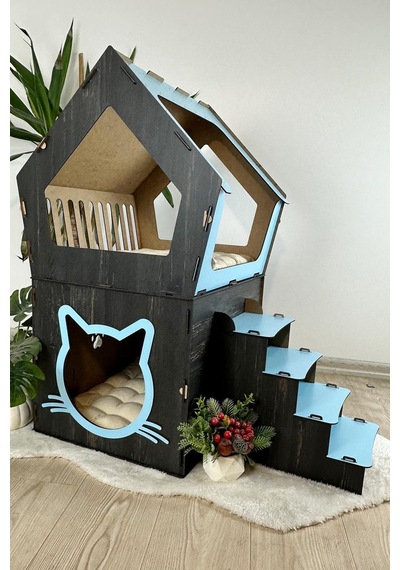 Mavitrend Ahşap Büyük Kedi Evi Xxl Açık Teraslı Model
