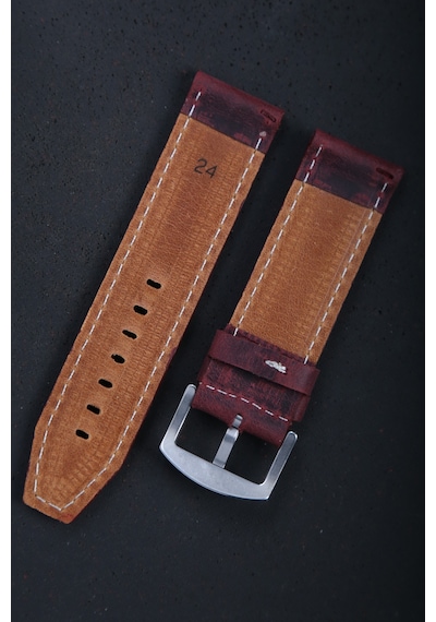 Hakiki Deri 24mm Akıllı Pimli Saat Kordonu Beyaz - Bordo