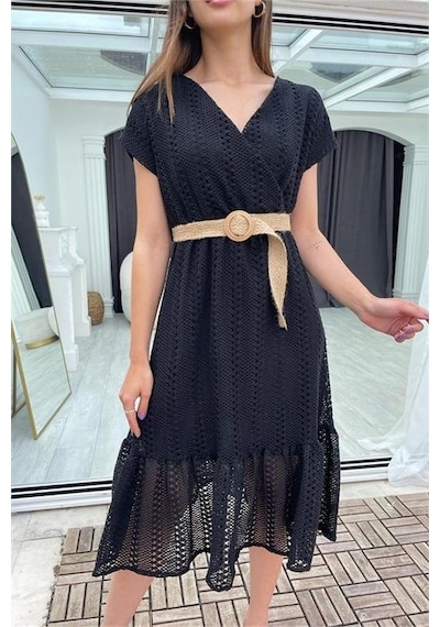 Neşeli Butik Kadın Siyah Hasır Kemerli Dantel Elbise Dk0001 Siyah