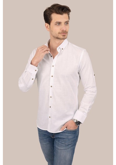 Beyaz Yaka Düğmeli Keten Slimfit Hediye Kutulu Erkek Gömlek Beyaz