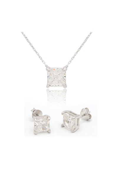 Kare Mozanit Taşlı 925 Ayar Gümüş Küpe Ve Kolye 2'li Set 201024818 Gümüş