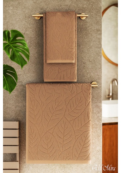 Banyo & Yüz Havlusu Seti Dokulu %100 Pamuk 90x150 + 50x90 Cm Foliva Bej