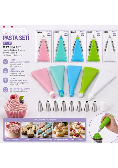 İbico İ22-158 11 Adet 1-krema Torbası 1-uç Tutucu Adaptör 9-metal Sıkma Uçları Renkli Pasta Seti Diğer