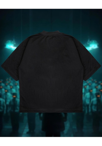 Startmore Sci-fi Society Baskılı Oversize Unisex Pamuklu Nefes Alan Kalın Kumaşlı Siyah