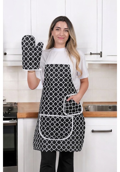 Trendy Membranlı 3lü Set Sıvı Geçirmez Su Geçirmez Mutfak Önlüğü Çeyiz Seti 1 Eldiven 1 Tutacak Siyah Halkalı