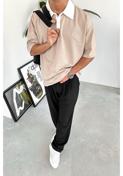 Krem Rose Polo Yaka Outplenty Premium Oversize Tişört Krem