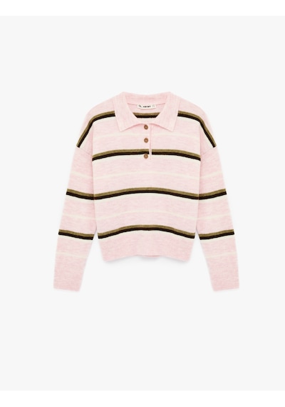 Koton Düğmeli Uzun Kollu Polo Yaka Çizgili Triko Kazak Pembe Çizgili 6sal90010ıt Pembe