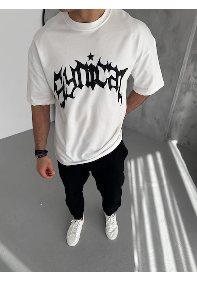 Wear Vexel Erkek Baskılı Bisiklet Yaka T-shirt - Beyaz Çok Renkli