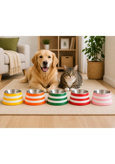 Kedi Köpek Mama Kabı Paslanmaz Çelik Hazneli Dekoratif Çizgili Mama Ve Su Kabı