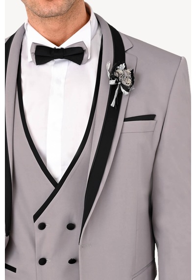 Ysf Erkek Gri Slim Fit Yelekli Şal Yaka Damatlık