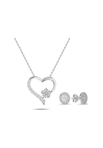 Brezza Lusso Jewelry Gümüş Zirkon Taşlı Kalp Kar Tanesi Kadın Kolye Küpe Seti